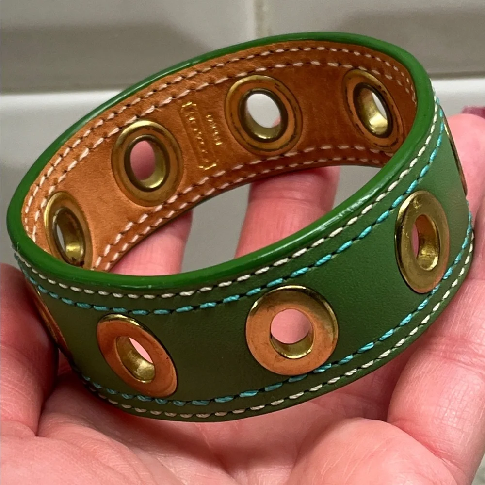 Coach Green Leather with Grommets Bangle Bracelet EUC - Picture 4 of 6